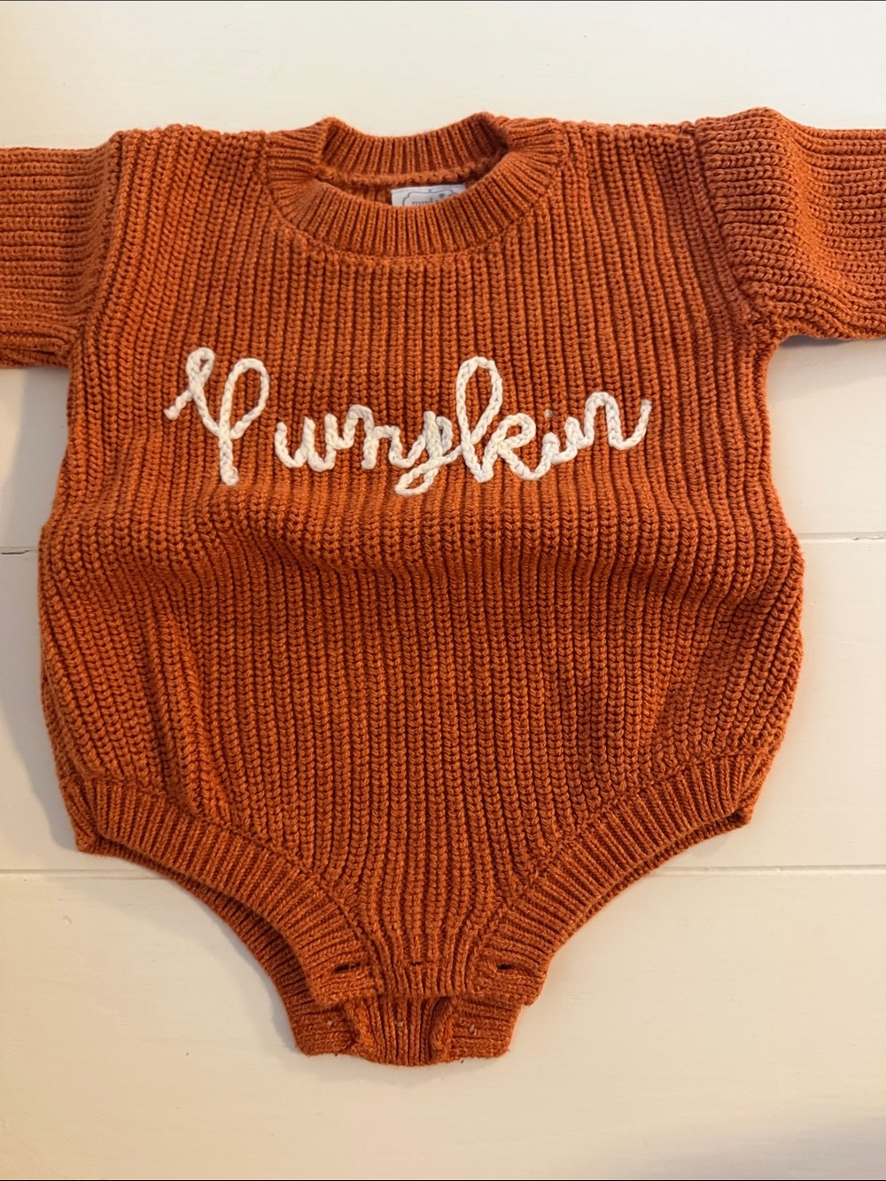Mud Pie Burnt Orange Knit Baby One-Piece with Cream Script